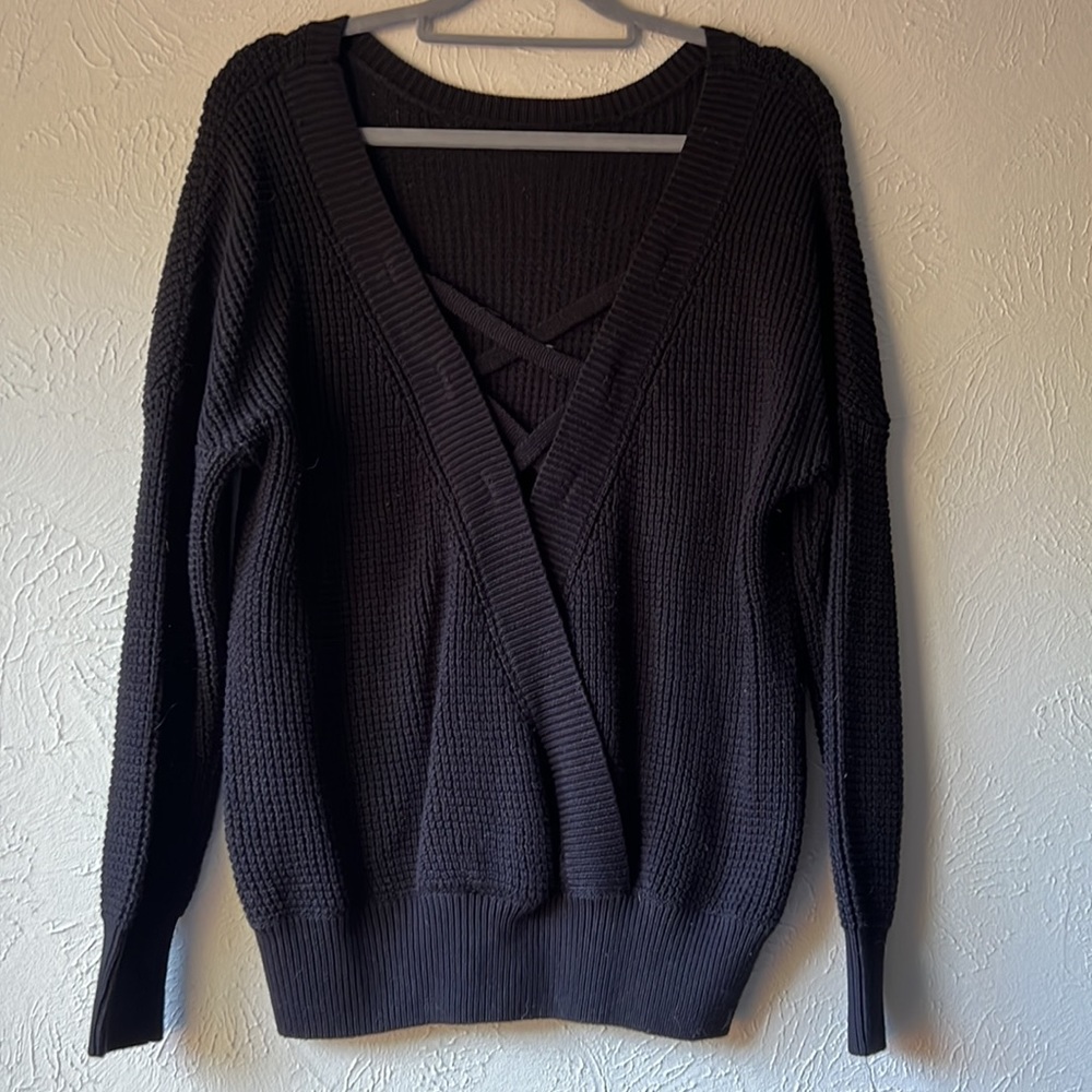 Black Waffle Knit Criss Cross Back Sweater
